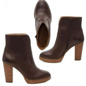 Lucky Brand Queys Stacked Block Heel Platform Brown Leather Booties 9.5 - 41 NEW